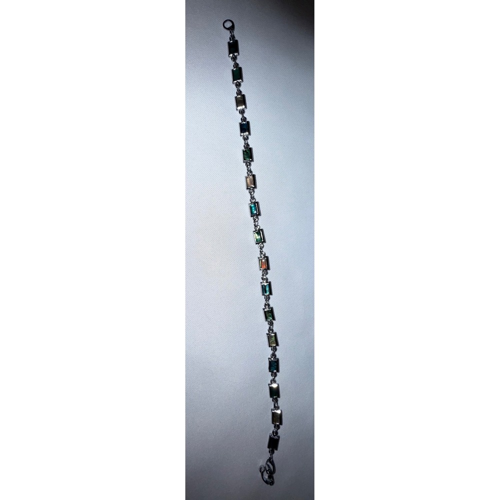 Vintage Abalone Shell Inlay Rectangular‎ Link Bracelet Silver Tone 8.5 Inch